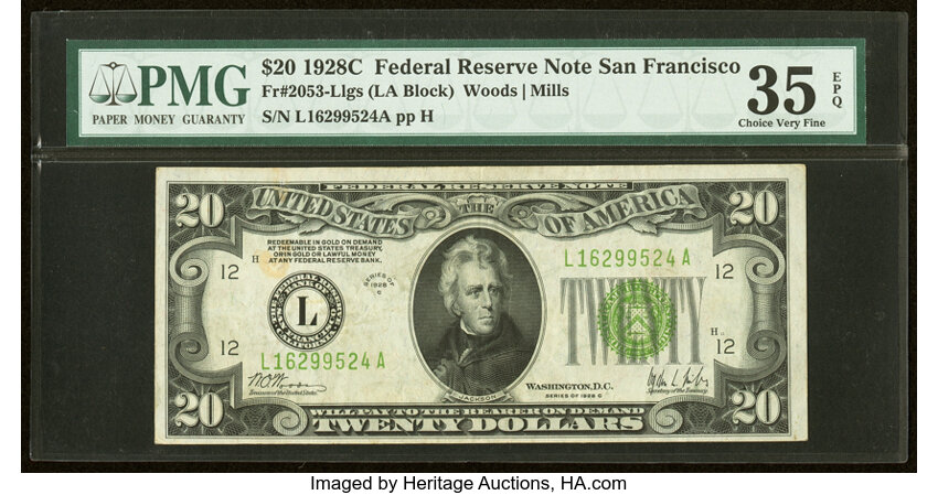 image for: Fr. 2053-L $20 1928C Light Green Seal Federal Reserve Note. PMG Choice Very Fine 35 EPQ....