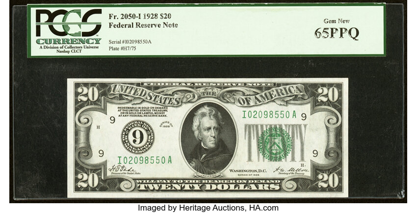 image for: Fr. 2050-I $20 1928 Federal Reserve Note. PCGS Gem New 65PPQ....