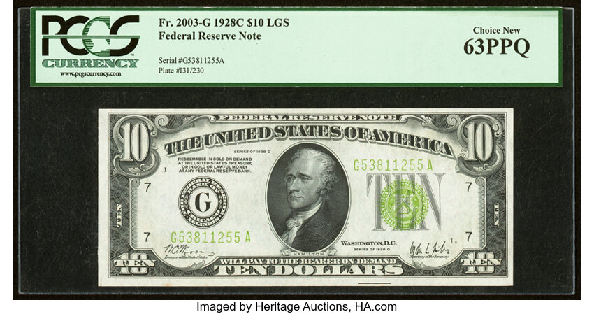image for: Fr. 2003-G $10 1928C Light Green Seal Federal Reserve Note. PCGS Choice New 63PPQ....