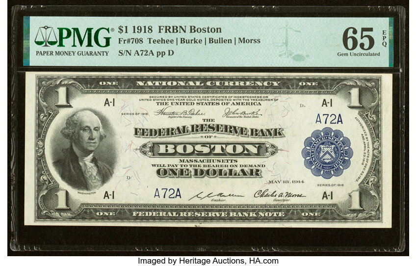 image for: Low Serial Number A72A Fr. 708 $1 1918 Federal Reserve Bank Note PMG Gem Uncirculated 65 EPQ....