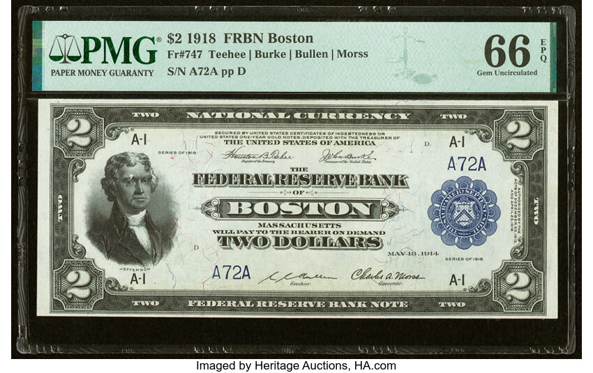 image for: Low Serial Number A72A Fr. 747 $2 1918 Federal Reserve Bank Note PMG Gem Uncirculated 66 EPQ....