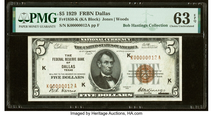 image for: Low Serial Number 12 Fr. 1850-K $5 1929 Federal Reserve Bank Note. PMG Choice Uncirculated 63 EPQ....