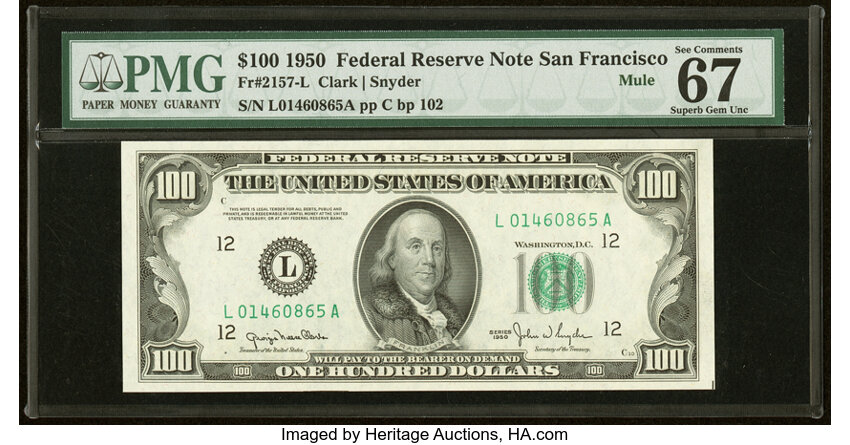 image for: Fr. 2157-L $100 1950 Mule Federal Reserve Note. PMG Superb Gem Unc 67 EPQ....