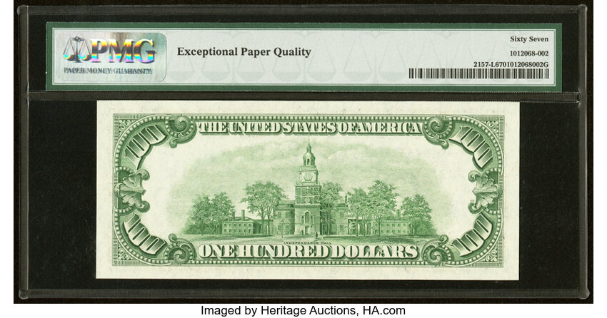 image for: Fr. 2157-L $100 1950 Mule Federal Reserve Note. PMG Superb Gem Unc 67 EPQ....