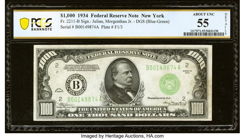 image for: Fr. 2211-B $1,000 1934 Federal Reserve Note. PCGS Banknote About Unc 55 Details....