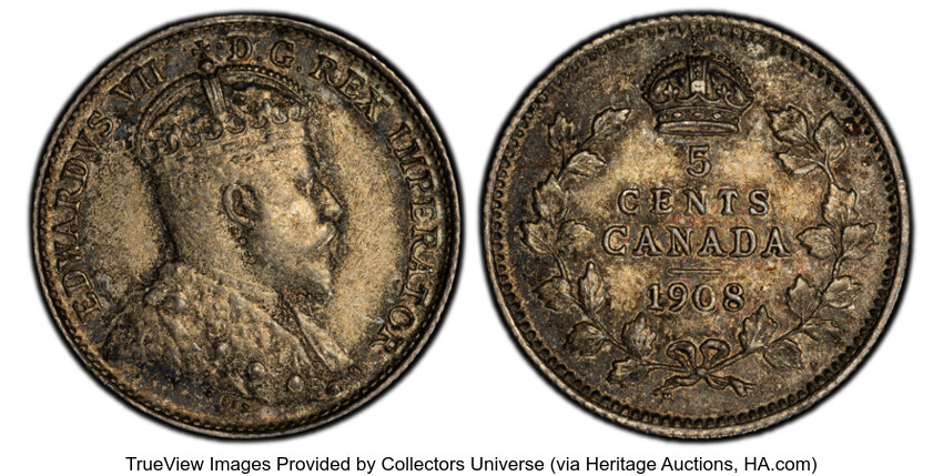 image for: Canada: Edward VII "Large 8" 5 Cents 1908 AU53 PCGS,...