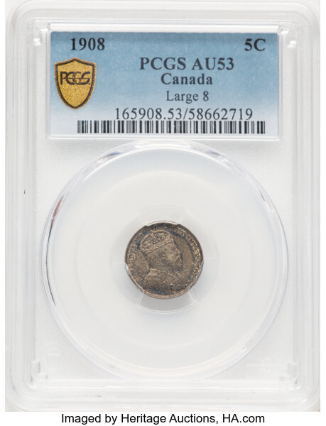 image for: Canada: Edward VII "Large 8" 5 Cents 1908 AU53 PCGS,...