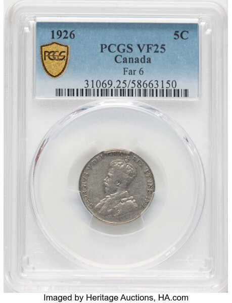 image for: Canada: George V "Far 6" 5 Cents 1926 VF25 PCGS,...