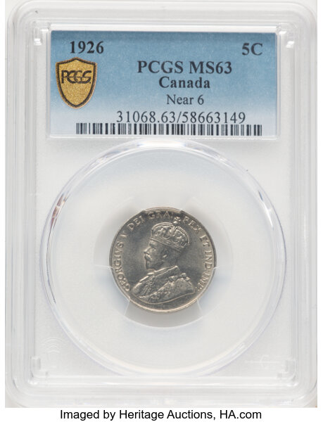 image for: Canada: George V "Near 6" 5 Cents 1926 MS63 PCGS,...