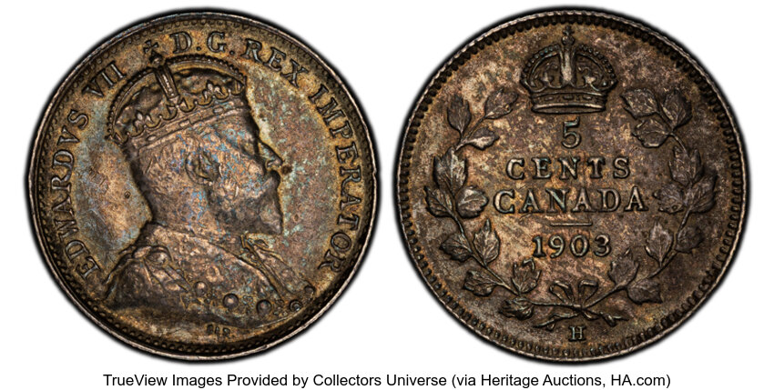 image for: Canada: Edward VII 5 Cents 1903-H AU58 PCGS,...