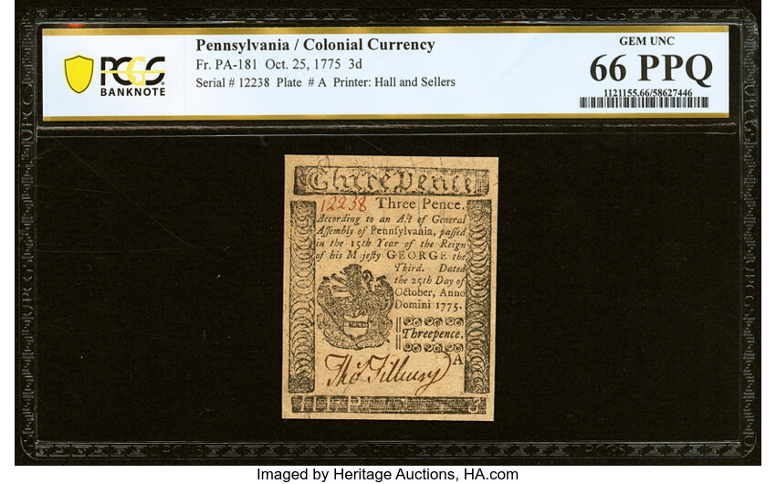 image for: Pennsylvania October 25, 1775 3d PCGS Banknote Gem Unc 66 PPQ....