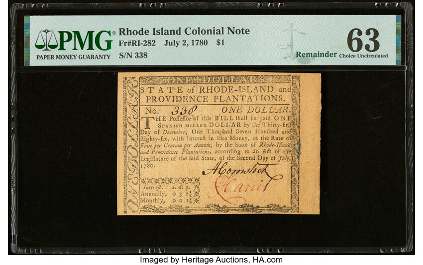 image for: Rhode Island July 2, 1780 $1 Remainder PMG Choice Uncirculated 63....