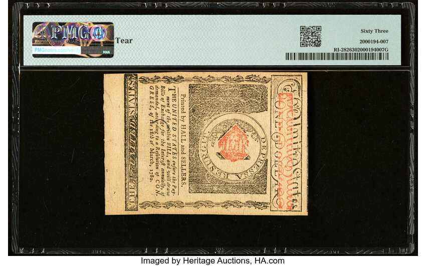 image for: Rhode Island July 2, 1780 $1 Remainder PMG Choice Uncirculated 63....