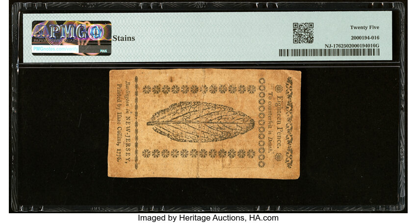 image for: Mar 25, 1776 New Jersey 18d PMG VF25 (Fr. NJ176)