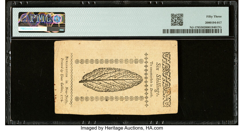 image for: Mar 25, 1776 New Jersey 6s PMG AU53 (Fr. NJ178)