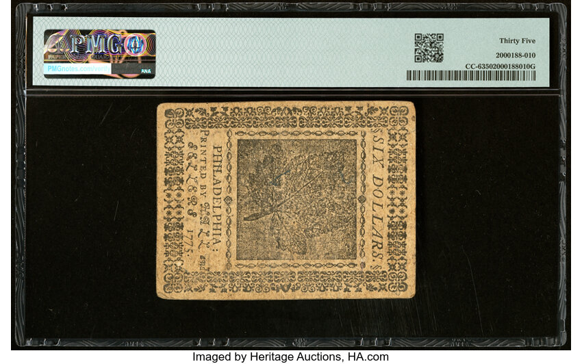 image for: Continental Currency May 10, 1775 $6 PMG Choice Very Fine 35....