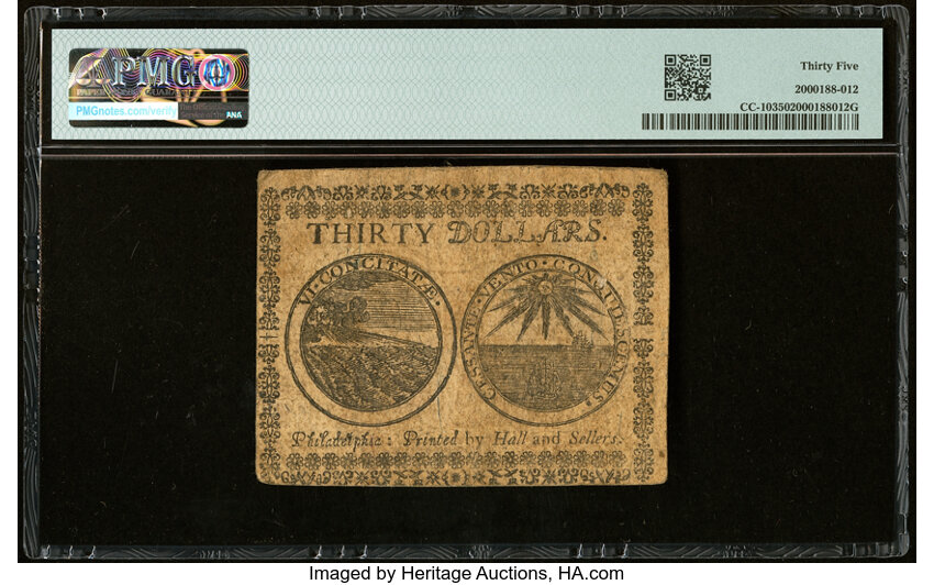 image for: Continental Currency May 10, 1775 $30 PMG Choice Very Fine 35....