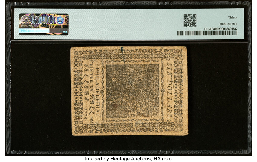 image for: Nov 29, 1775 Continental Currency $6  PMG VF30 (Fr. CC16)