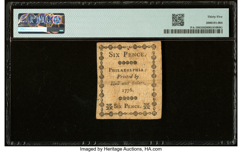 image for: Apr 25, 1776 Pennsylvania 6d PMG VF35 (Fr. PA199)