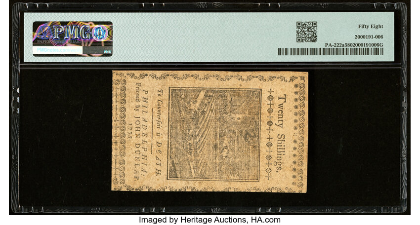 image for: Apr 10, 1777 Pennsylvania 20s PMG AU58 (Fr. PA222a)