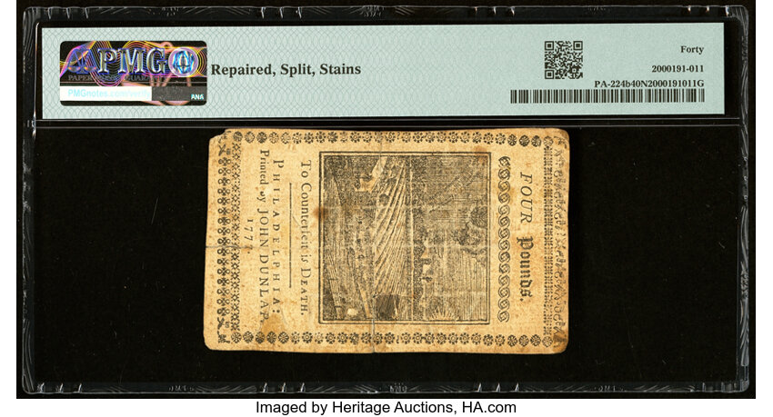 image for: Apr 10, 1777 Pennsylvania £4 PMG XF40 (Fr. PA224b)