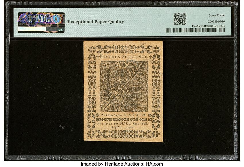 image for: Oct 25, 1775 Pennsylvania 15s PMG CU63 (Fr. PA191)