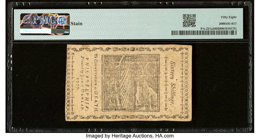 image for: Apr 10, 1777 Pennsylvania 16s PMG AU58 (Fr. PA221a)