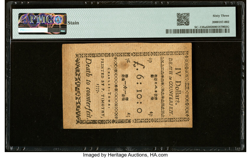image for: Dec 23, 1776,1777 on the back South Carolina $4  PMG CU63 (Fr. SC138a)