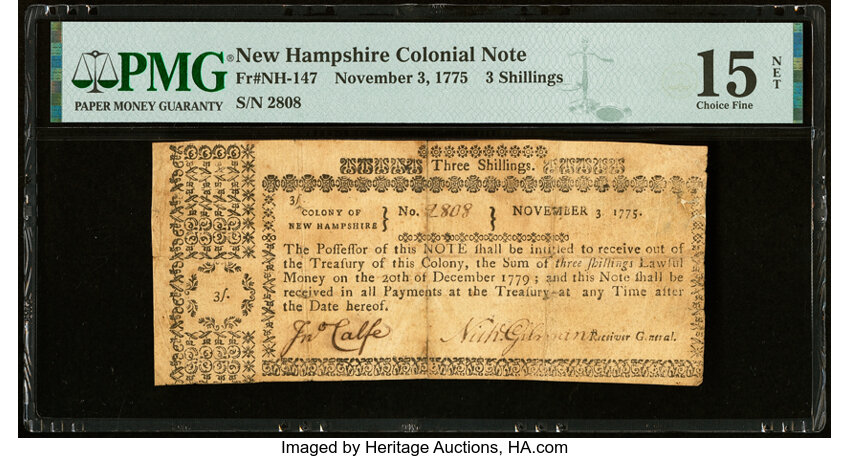 image for: New Hampshire November 3, 1775 3s PMG Choice Fine 15 Net....