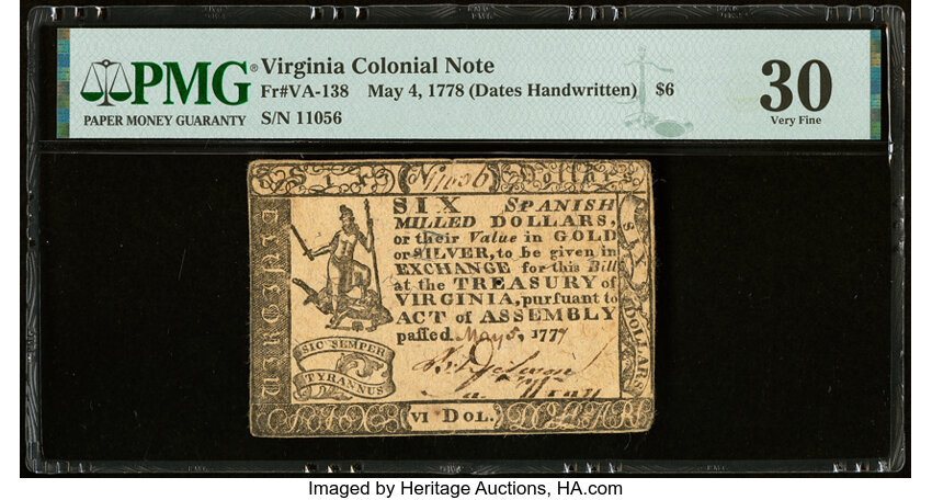 image for: Virginia May 4, 1778 (Dates Handwritten) $6 PMG Very Fine 30....