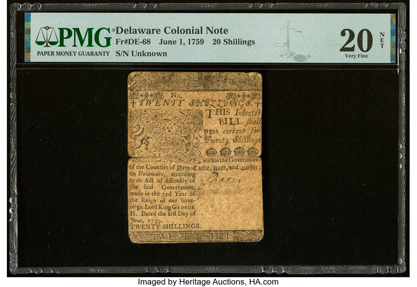 image for: Delaware June 1, 1759 20s PMG Very Fine 20 Net....