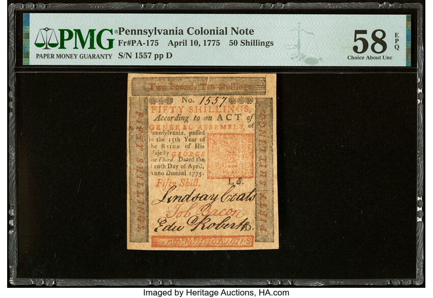 image for: Pennsylvania April 10, 1775 50s PMG Choice About Unc 58 EPQ....