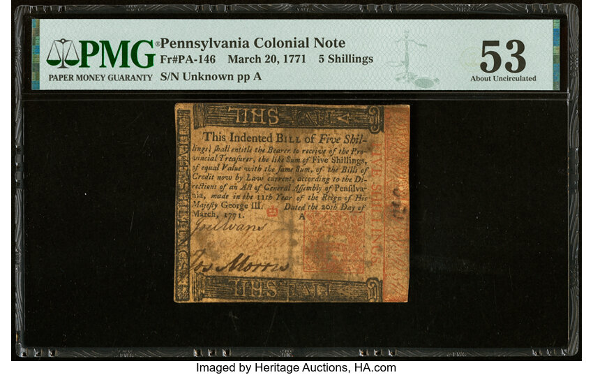image for: Pennsylvania March 20, 1771 5s PMG About Uncirculated 53....
