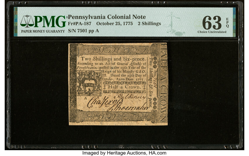 image for: Pennsylvania October 25, 1775 2s PMG Choice Uncirculated 63 EPQ....