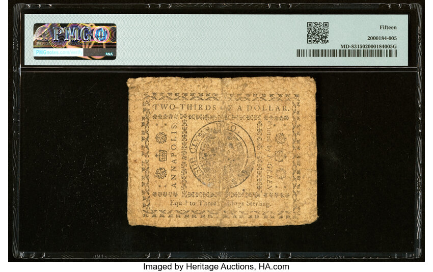 image for: Dec 7, 1775 Maryland $2/3 PMG F15 (Fr. MD83)