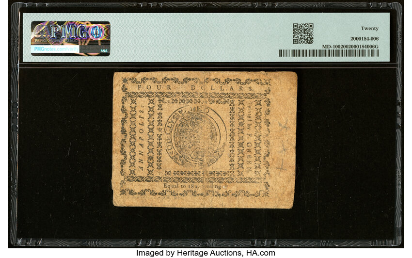 image for: Aug 14, 1776 Maryland $4  PMG VF20 (Fr. MD100)