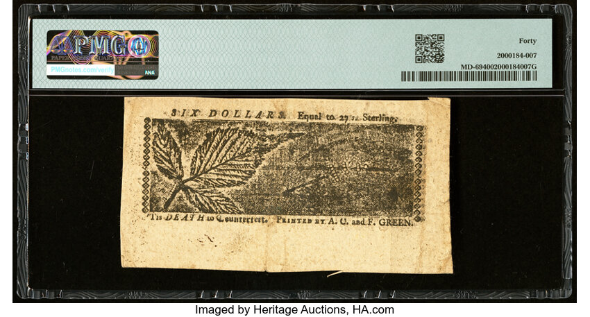 image for: Apr 10, 1774 Maryland $6  PMG XF40 (Fr. MD69)