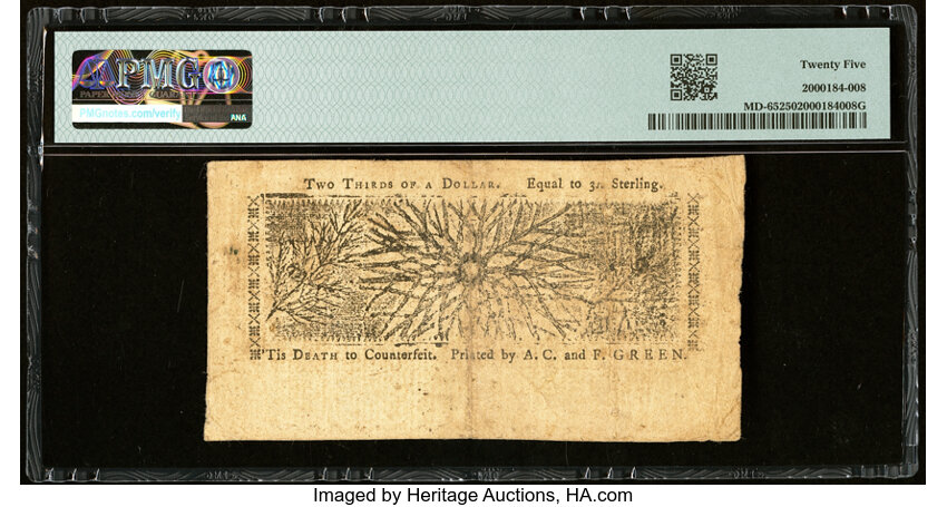 image for: Apr 10, 1774 Maryland $2/3 PMG VF25 (Fr. MD65)