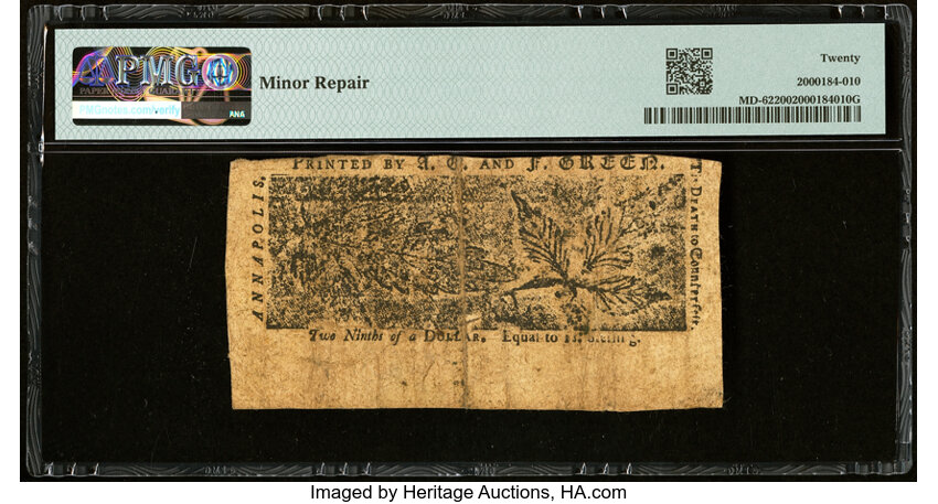 image for: Maryland April 10, 1774 $2/9 PMG Very Fine 20....