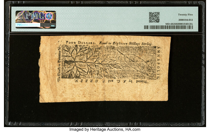 image for: Apr 10, 1774 Maryland $4  PMG VF25 (Fr. MD68)