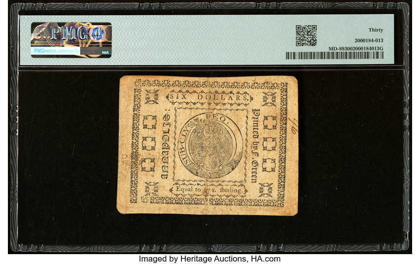 image for: Dec 7, 1775 Maryland $6  PMG VF30 (Fr. MD89)
