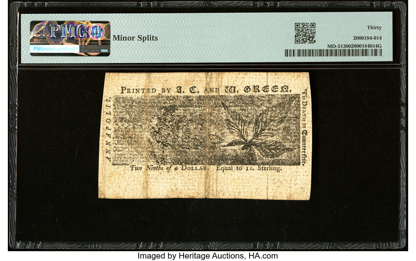 image for: Maryland March 1, 1770 $2/9 PMG Very Fine 30....