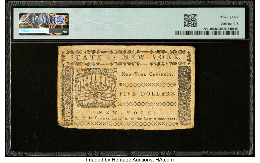 image for: Aug 13, 1776 New York $5  PMG VF25 (Fr. NY204)