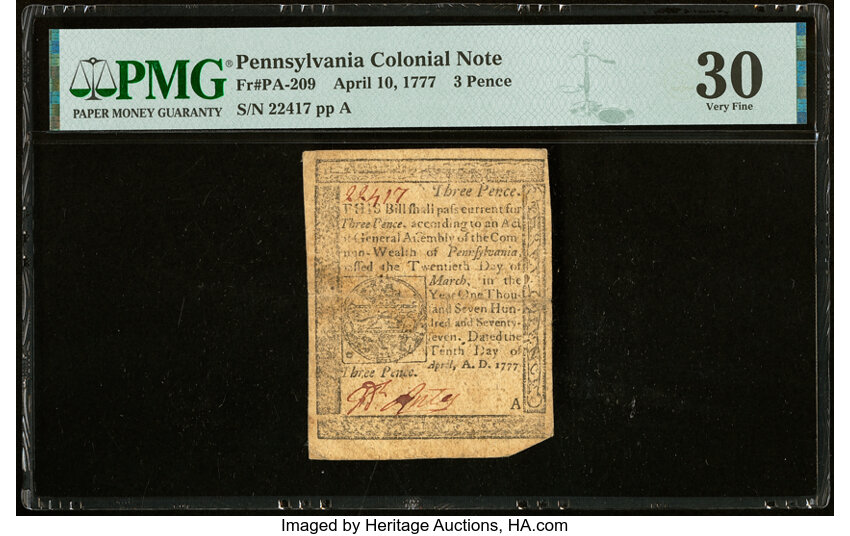 image for: Pennsylvania April 10, 1777 3d PMG Very Fine 30....