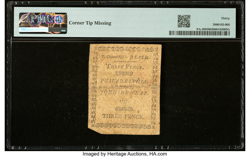 image for: Pennsylvania April 10, 1777 3d PMG Very Fine 30....