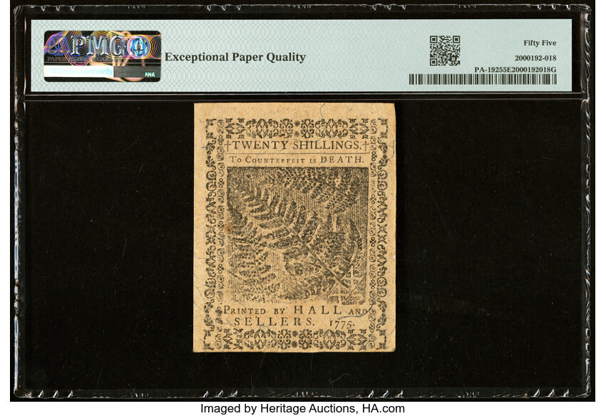 image for: Oct 25, 1775 Pennsylvania 20s PMG AU55 (Fr. PA192)