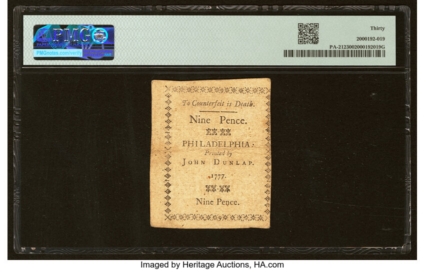 image for: Apr 10, 1777 Pennsylvania 9d PMG VF30 (Fr. PA212)