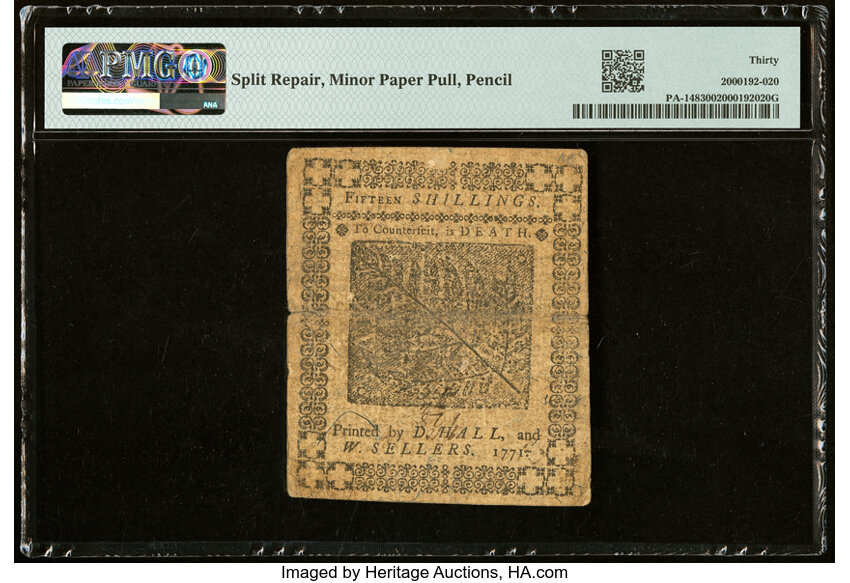 image for: Mar 20, 1771 Pennsylvania 15s PMG VF30 (Fr. PA148)