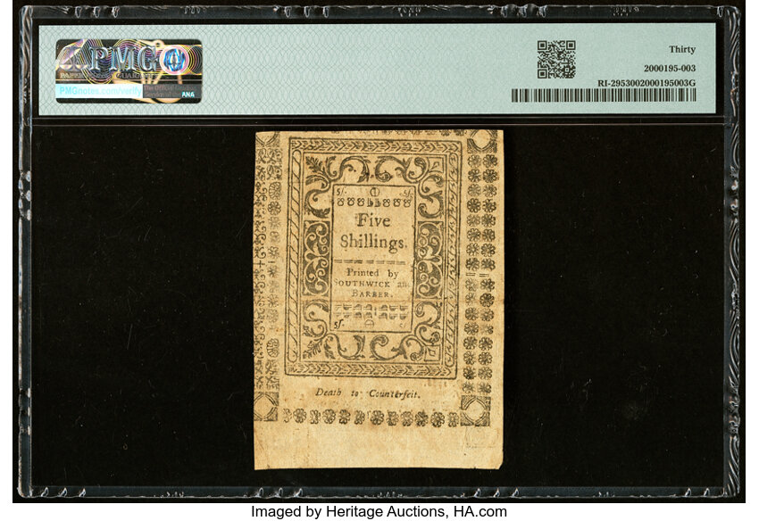 image for: May 1786 Rhode Island 5s PMG VF30 (Fr. RI295)