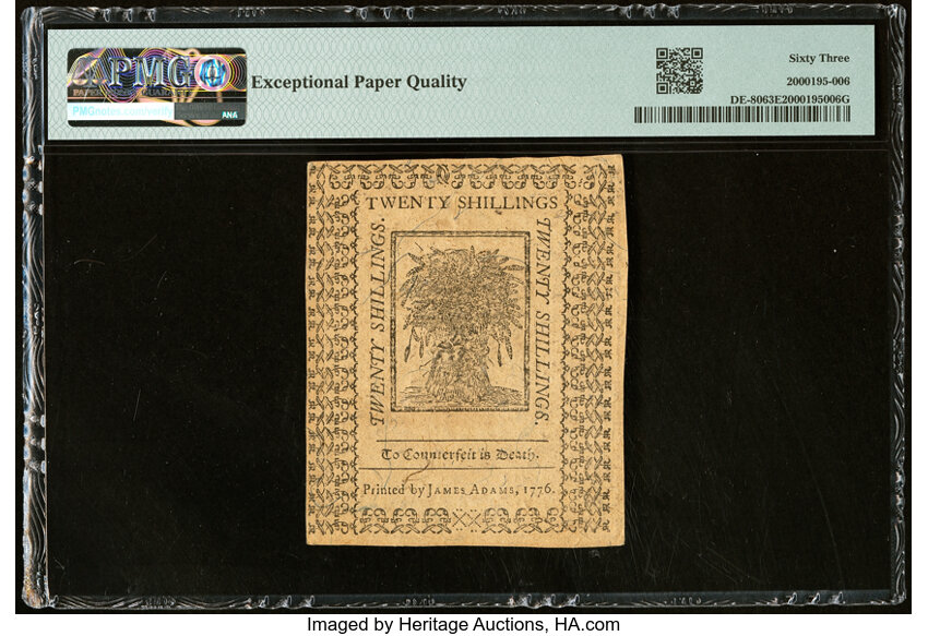 image for: Jan 1, 1776 Delaware 20s PMG CU63 (Fr. DE80)